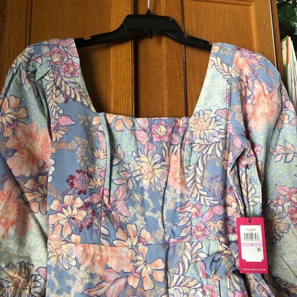 NWT Vince Camuto Square Neck Floral Linen Cotton Sheath Dress - 6 - Picture 3 of 16